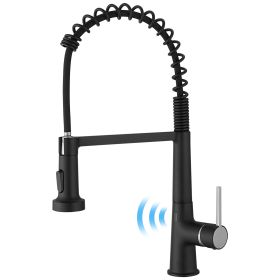 Single Handle Pull Down Sprayer Kitchen Faucet Commercial Spring Faucet with Touchless Sensor in Brushed + Black