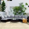 5 Pieces All-Weather Brown PE Rattan Wicker Sofa Set Outdoor Patio Sectional Furniture Set Half-Moon Sofa Set with Tempered Glass Table